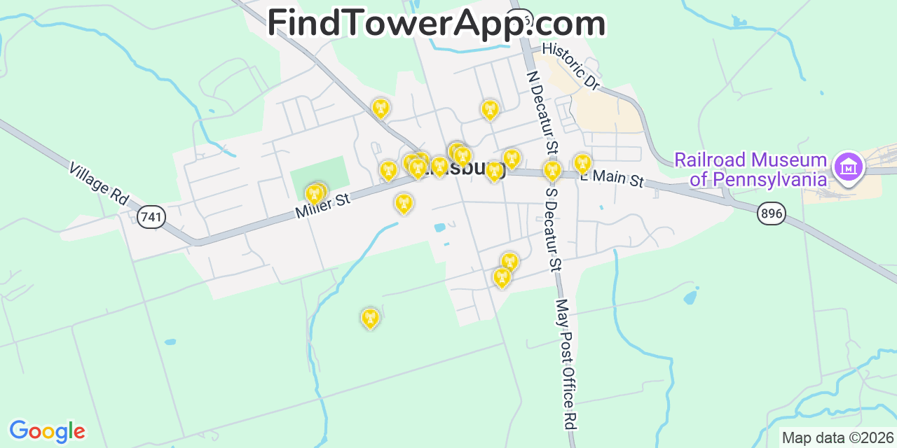 Map showing the 20 primary cell tower locations detected in Strasburg, Pennsylvania from AT&T, Verizon, and T-Mobile networks