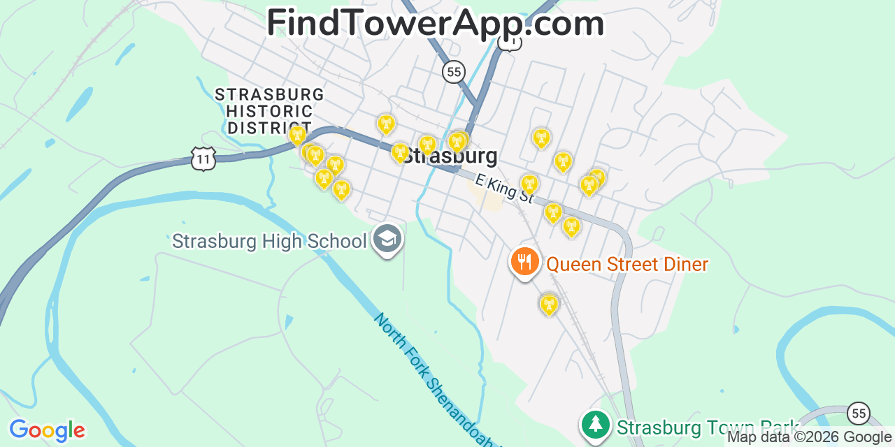 Map showing the 20 primary cell tower locations detected in Strasburg, Virginia from AT&T, Verizon, and T-Mobile networks