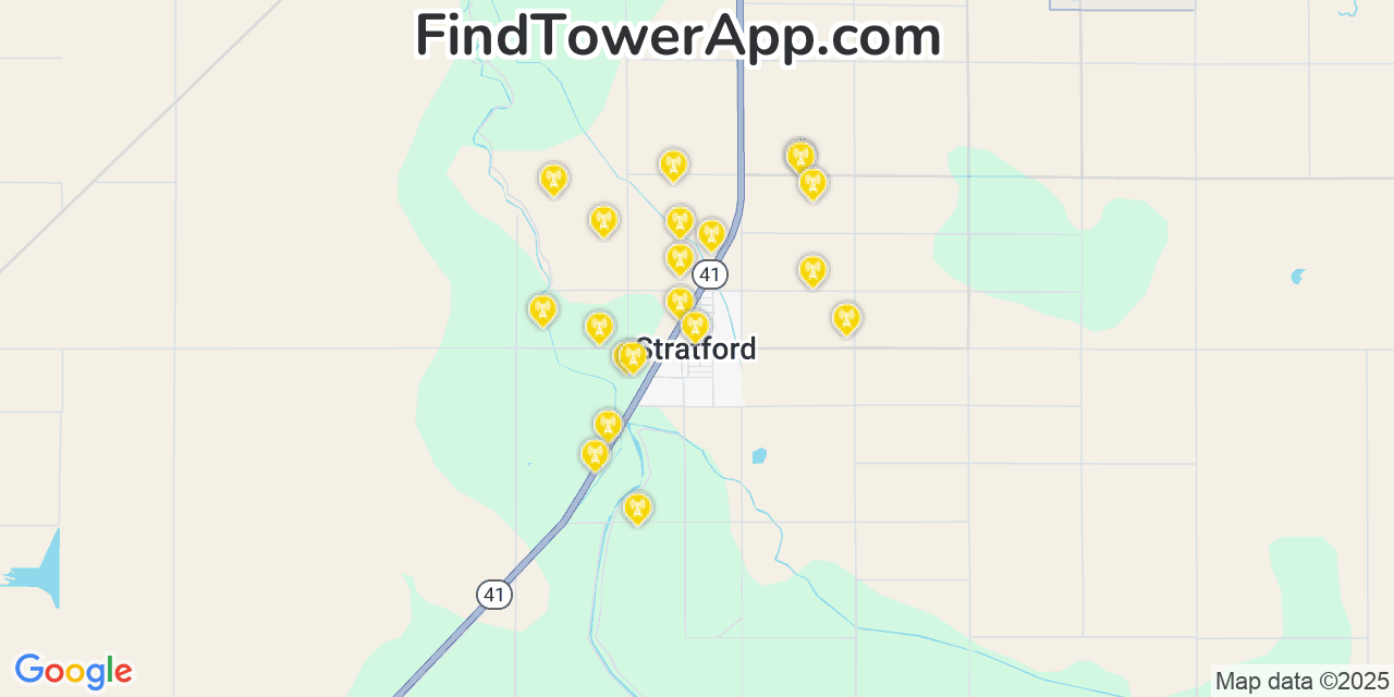 Map showing the 20 primary cell tower locations detected in Stratford, California from AT&T, Verizon, and T-Mobile networks