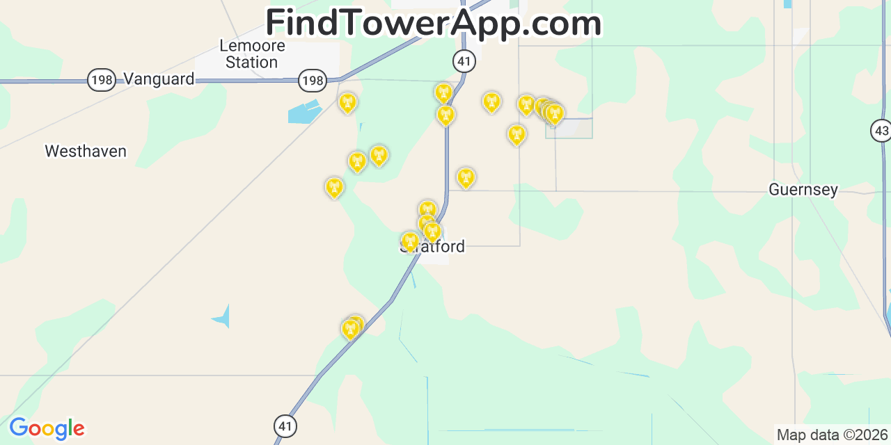 Map showing the 20 primary cell tower locations detected in Stratford, California from AT&T, Verizon, and T-Mobile networks