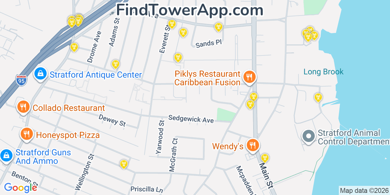Map showing the 20 primary cell tower locations detected in Stratford, Connecticut from AT&T, Verizon, and T-Mobile networks
