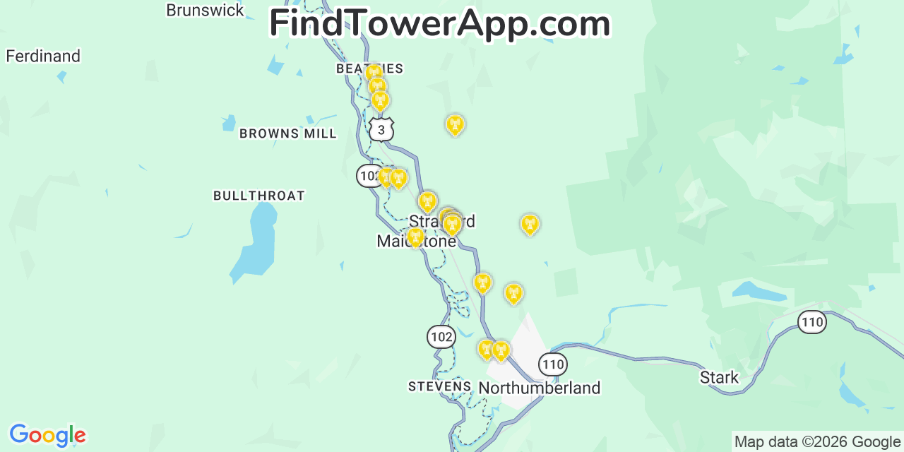 Map showing the 20 primary cell tower locations detected in Stratford, New Hampshire from AT&T, Verizon, and T-Mobile networks