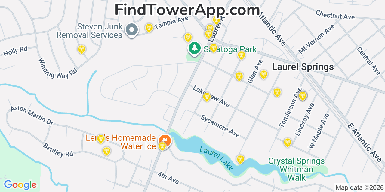 Map showing the 20 primary cell tower locations detected in Stratford, New Jersey from AT&T, Verizon, and T-Mobile networks