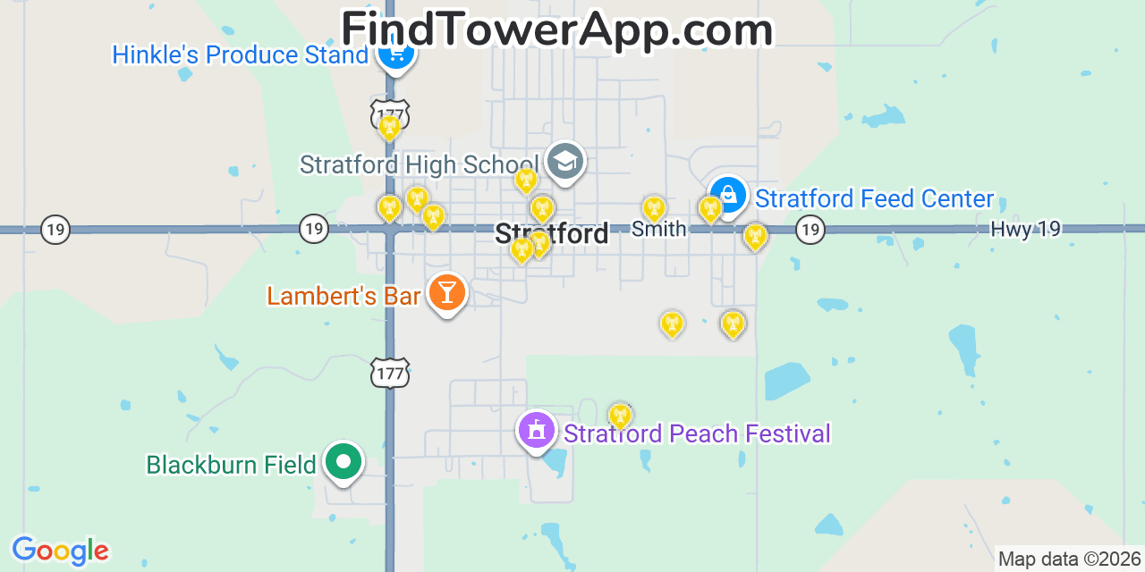 Map showing the 20 primary cell tower locations detected in Stratford, Oklahoma from AT&T, Verizon, and T-Mobile networks