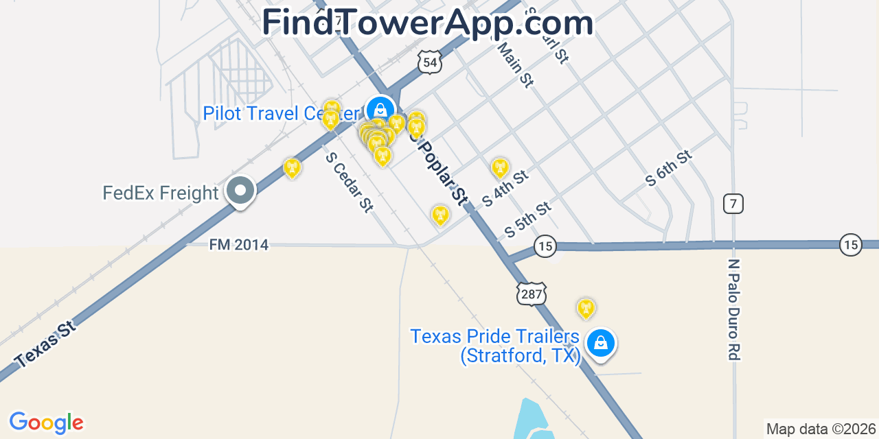 Map showing the 20 primary cell tower locations detected in Stratford, Texas from AT&T, Verizon, and T-Mobile networks
