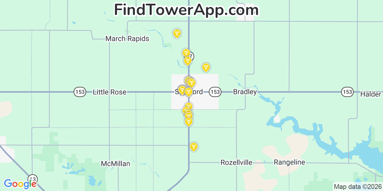 Map showing the 20 primary cell tower locations detected in Stratford, Wisconsin from AT&T, Verizon, and T-Mobile networks