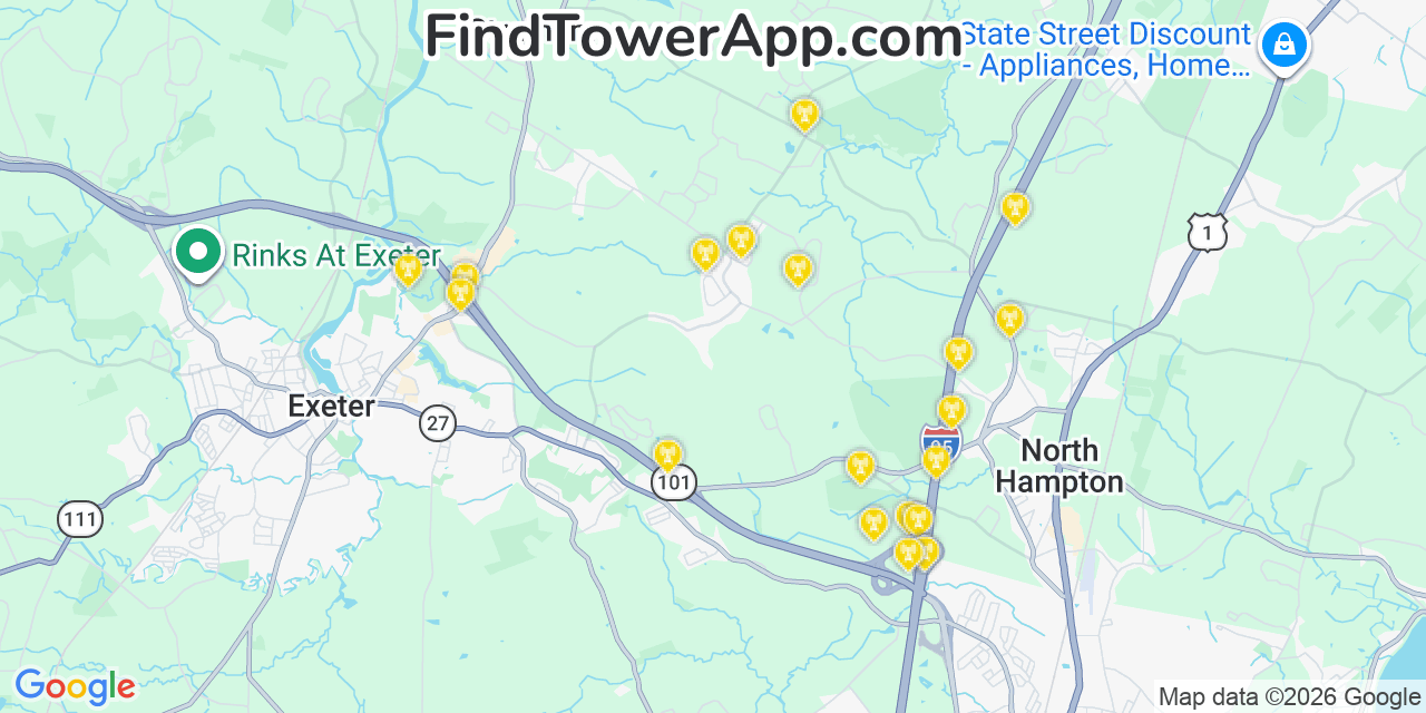 Map showing the 20 primary cell tower locations detected in Stratham Station, New Hampshire from AT&T, Verizon, and T-Mobile networks