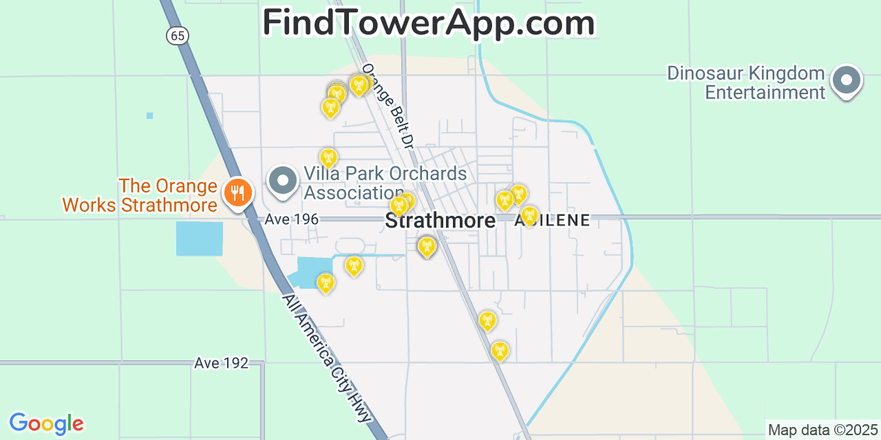 Map showing the 20 primary cell tower locations detected in Strathmore, California from AT&T, Verizon, and T-Mobile networks