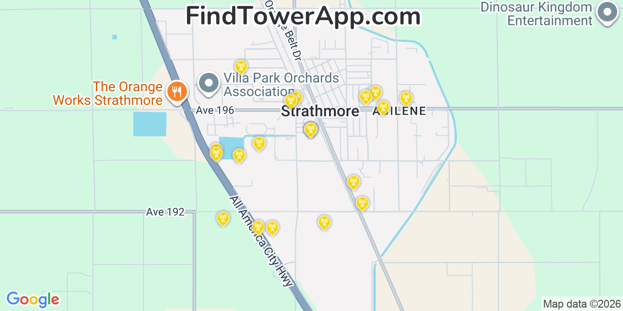 Map showing the 20 primary cell tower locations detected in Strathmore, California from AT&T, Verizon, and T-Mobile networks