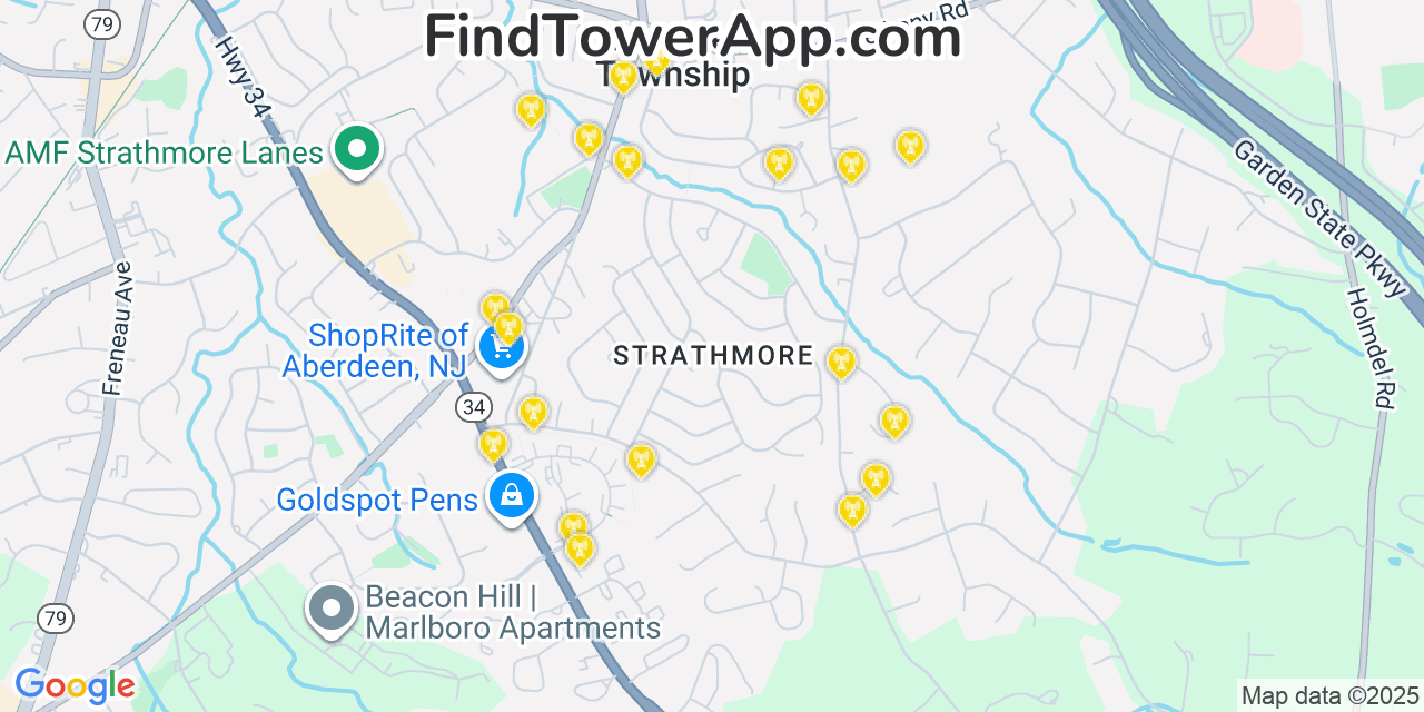 Map showing the 20 primary cell tower locations detected in Strathmore, New Jersey from AT&T, Verizon, and T-Mobile networks