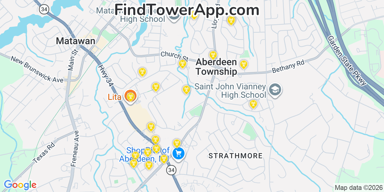 Map showing the 20 primary cell tower locations detected in Strathmore, New Jersey from AT&T, Verizon, and T-Mobile networks