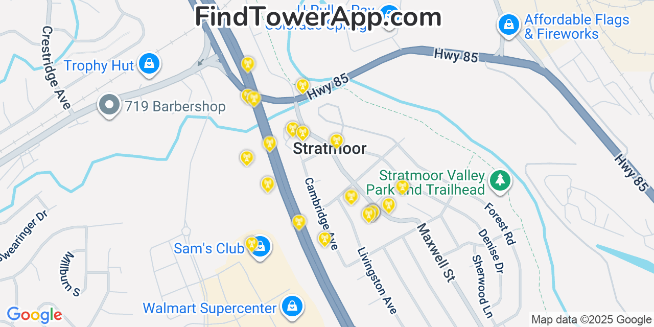 Map showing the 20 primary cell tower locations detected in Stratmoor, Colorado from AT&T, Verizon, and T-Mobile networks