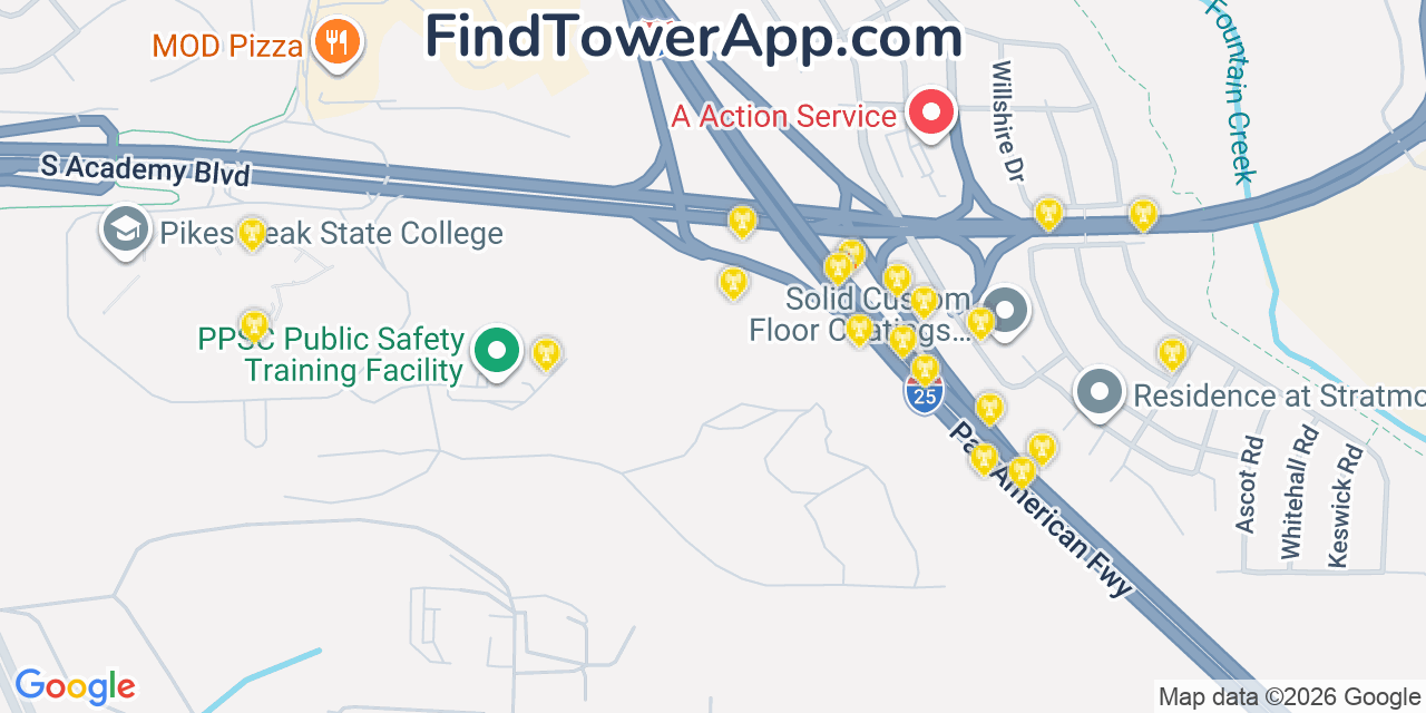 Map showing the 20 primary cell tower locations detected in Stratmoor, Colorado from AT&T, Verizon, and T-Mobile networks