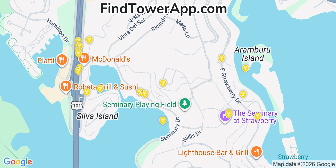 Map showing the 20 primary cell tower locations detected in Strawberry, California from AT&T, Verizon, and T-Mobile networks