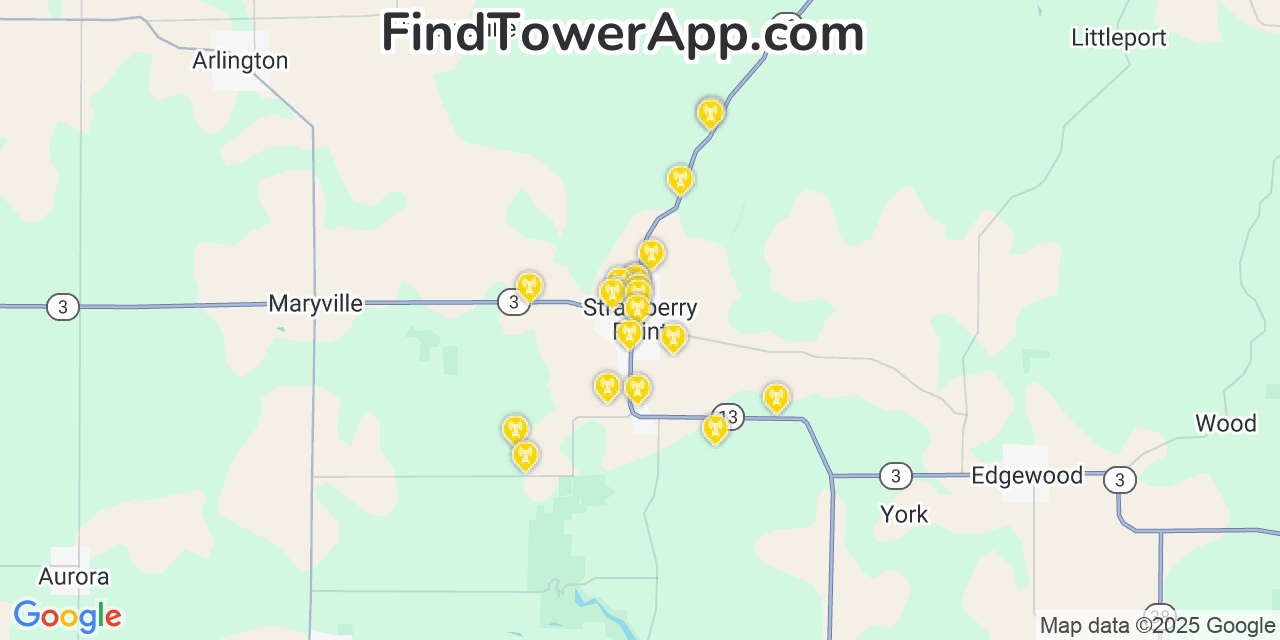 Map showing the 20 primary cell tower locations detected in Strawberry Point, Iowa from AT&T, Verizon, and T-Mobile networks