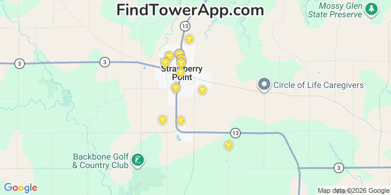 Map showing the 20 primary cell tower locations detected in Strawberry Point, Iowa from AT&T, Verizon, and T-Mobile networks