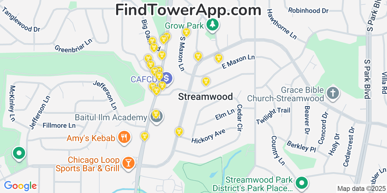 Map showing the 20 primary cell tower locations detected in Streamwood, Illinois from AT&T, Verizon, and T-Mobile networks