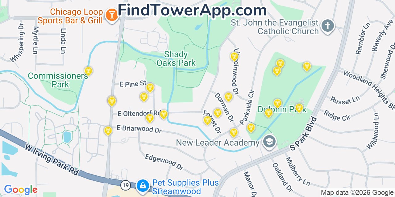 Map showing the 20 primary cell tower locations detected in Streamwood, Illinois from AT&T, Verizon, and T-Mobile networks