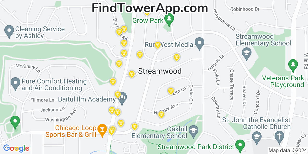 Verizon 4G/5G cell tower coverage map Streamwood, Illinois