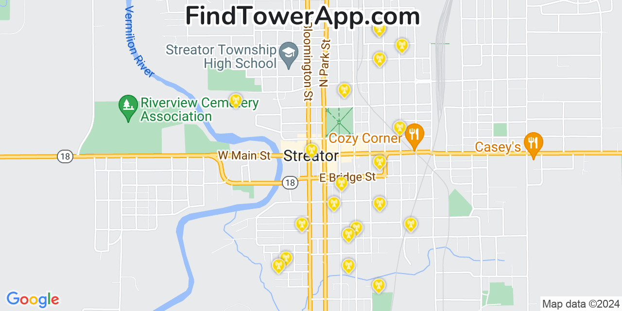 AT&T 4G/5G cell tower coverage map Streator, Illinois