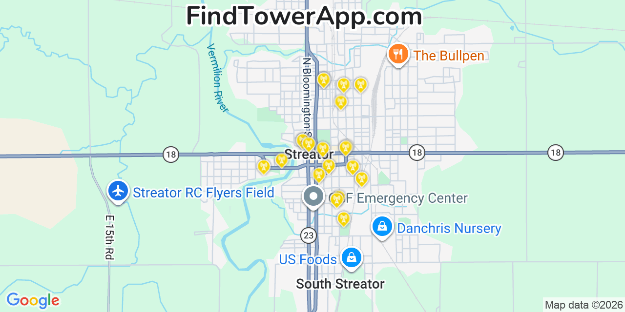 Map showing the 20 primary cell tower locations detected in Streator, Illinois from AT&T, Verizon, and T-Mobile networks