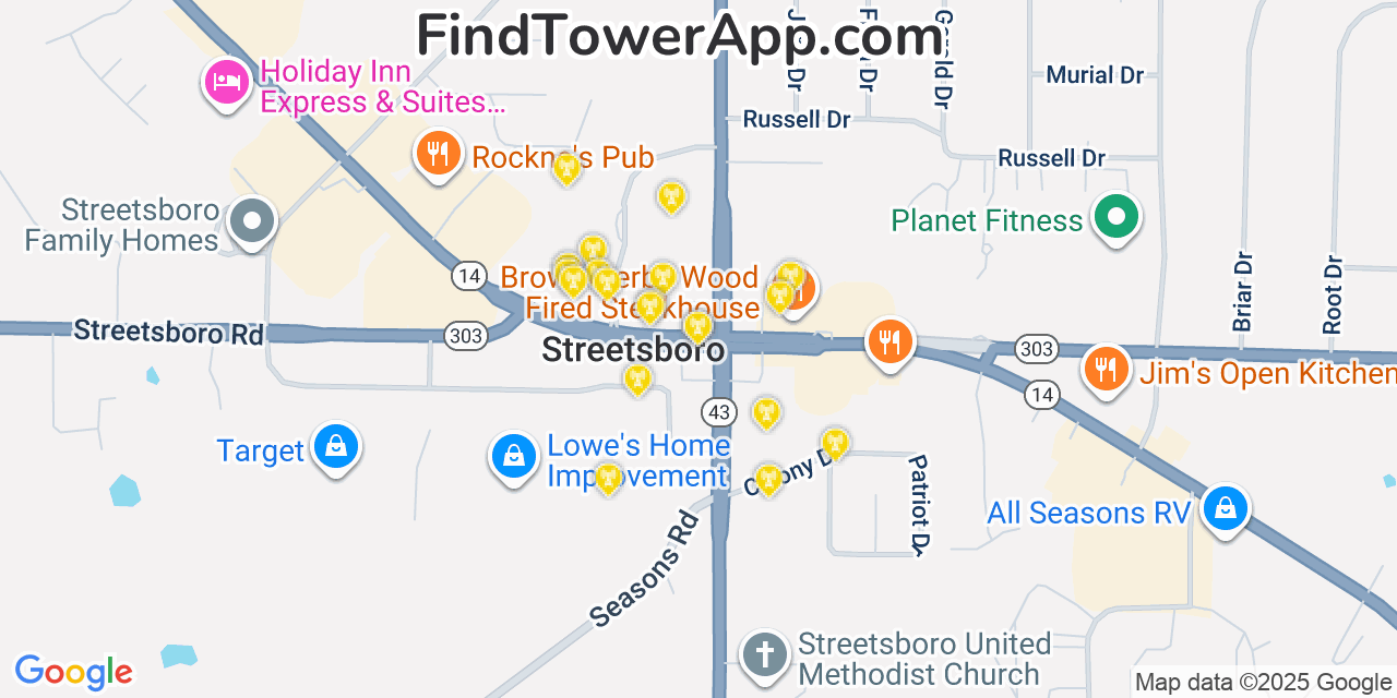 Map showing the 20 primary cell tower locations detected in Streetsboro, Ohio from AT&T, Verizon, and T-Mobile networks