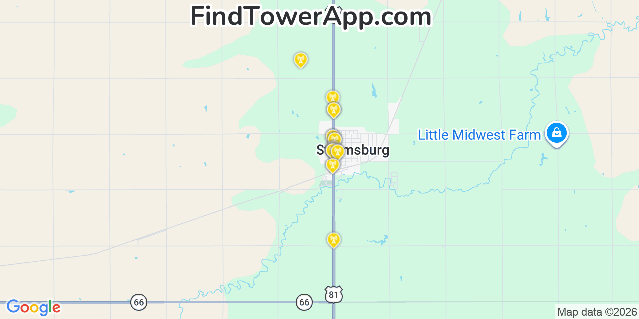 Map showing the 20 primary cell tower locations detected in Stromsburg, Nebraska from AT&T, Verizon, and T-Mobile networks