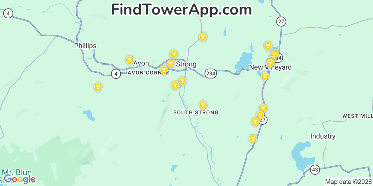 Map showing the 20 primary cell tower locations detected in Strong, Maine from AT&T, Verizon, and T-Mobile networks