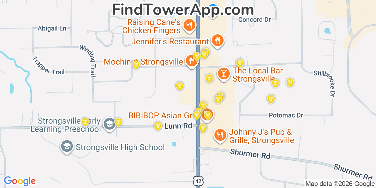 Map showing the 20 primary cell tower locations detected in Strongsville, Ohio from AT&T, Verizon, and T-Mobile networks