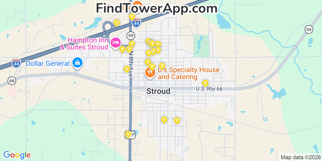 Map showing the 20 primary cell tower locations detected in Stroud, Oklahoma from AT&T, Verizon, and T-Mobile networks