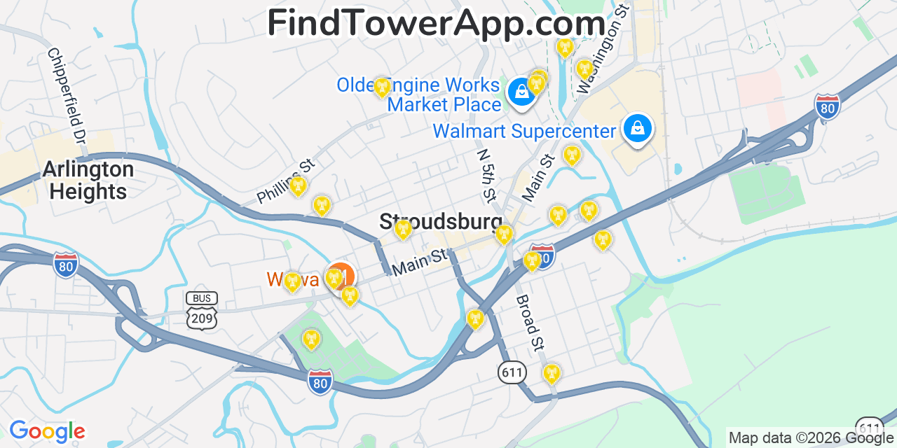 Map showing the 20 primary cell tower locations detected in Stroudsburg, Pennsylvania from AT&T, Verizon, and T-Mobile networks