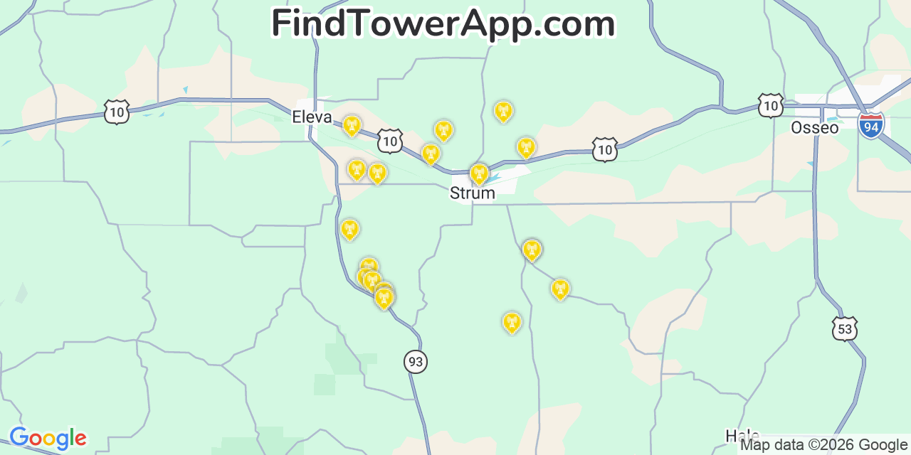 Map showing the 20 primary cell tower locations detected in Strum, Wisconsin from AT&T, Verizon, and T-Mobile networks