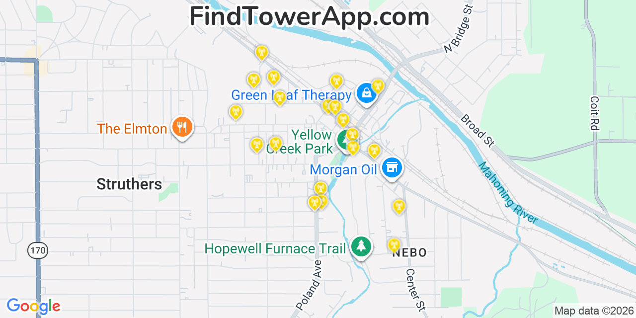 Map showing the 20 primary cell tower locations detected in Struthers, Ohio from AT&T, Verizon, and T-Mobile networks