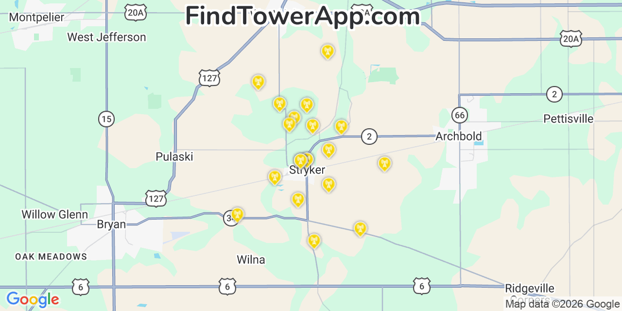 Map showing the 20 primary cell tower locations detected in Stryker, Ohio from AT&T, Verizon, and T-Mobile networks