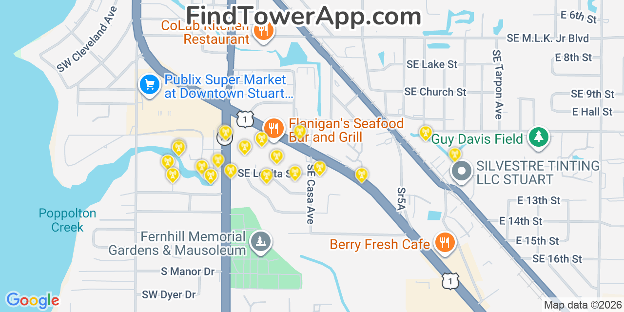 Map showing the 20 primary cell tower locations detected in Stuart, Florida from AT&T, Verizon, and T-Mobile networks