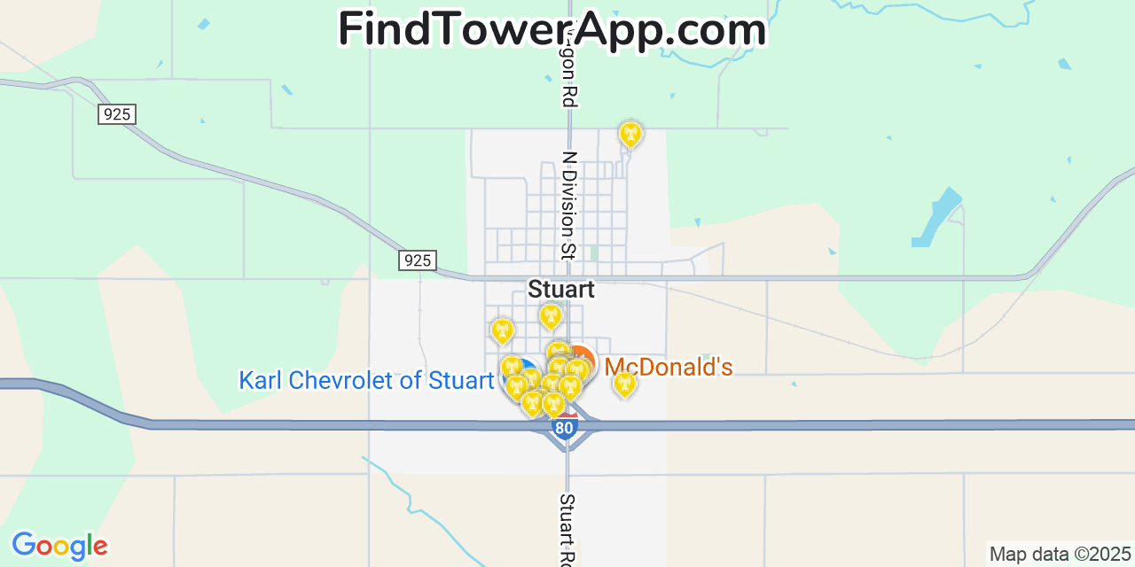 Map showing the 20 primary cell tower locations detected in Stuart, Iowa from AT&T, Verizon, and T-Mobile networks