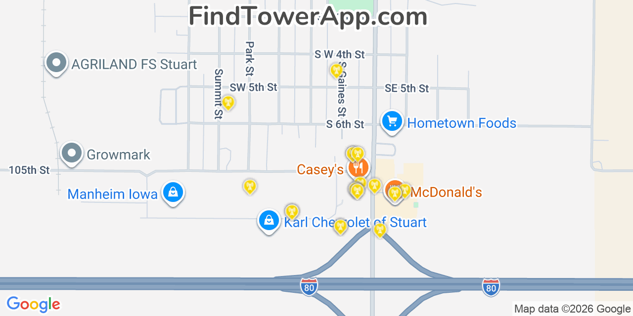 Map showing the 20 primary cell tower locations detected in Stuart, Iowa from AT&T, Verizon, and T-Mobile networks