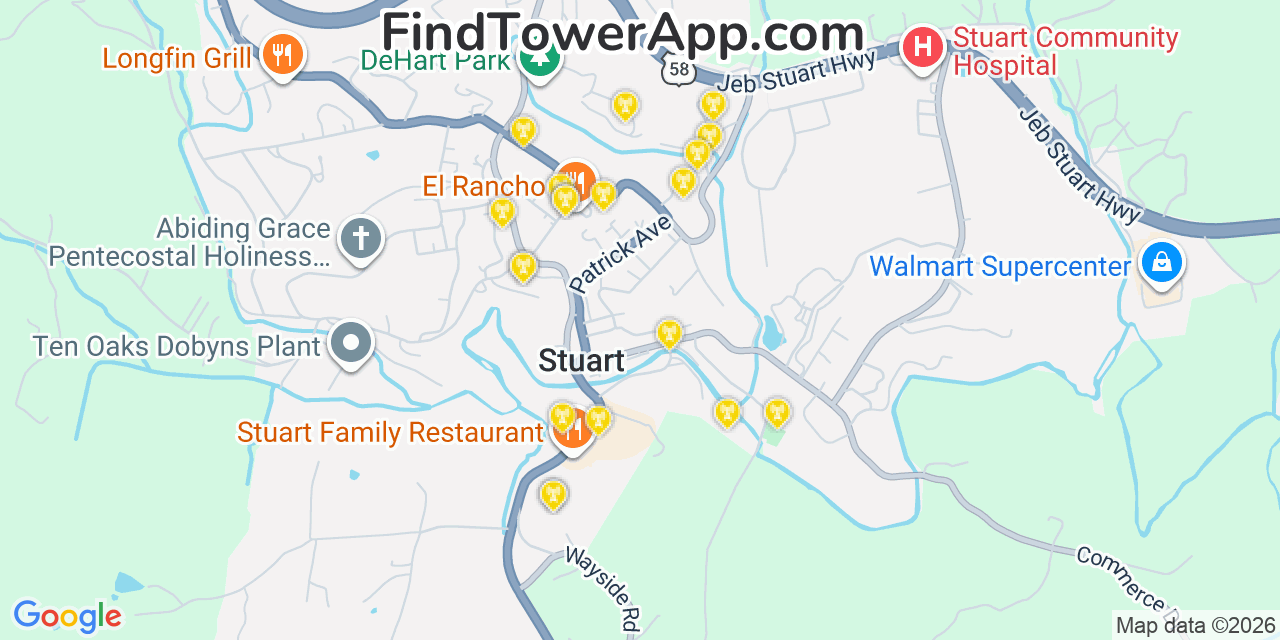 Map showing the 20 primary cell tower locations detected in Stuart, Virginia from AT&T, Verizon, and T-Mobile networks
