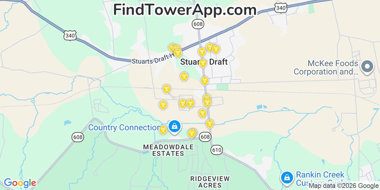 Map showing the 20 primary cell tower locations detected in Stuarts Draft, Virginia from AT&T, Verizon, and T-Mobile networks