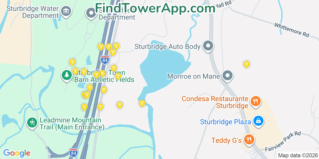 Map showing the 20 primary cell tower locations detected in Sturbridge, Massachusetts from AT&T, Verizon, and T-Mobile networks