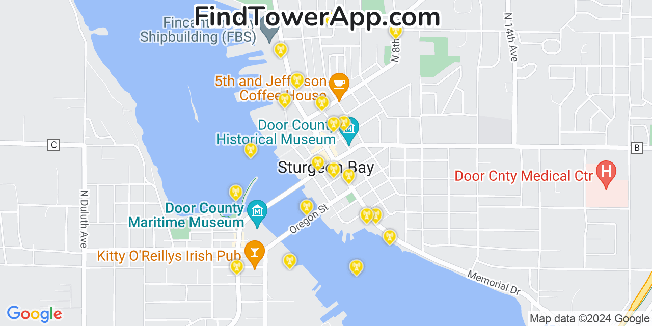 AT&T 4G/5G cell tower coverage map Sturgeon Bay, Wisconsin