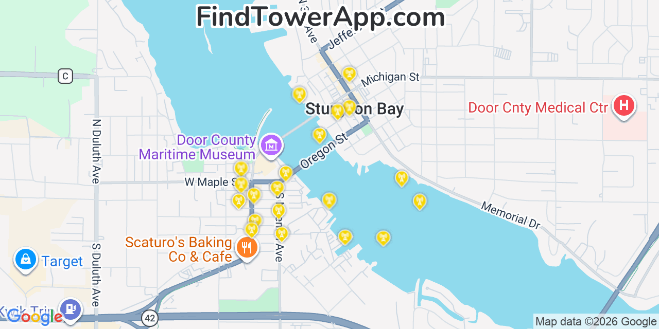 Map showing the 20 primary cell tower locations detected in Sturgeon Bay, Wisconsin from AT&T, Verizon, and T-Mobile networks