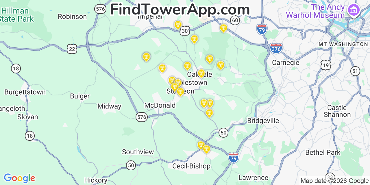 Map showing the 20 primary cell tower locations detected in Sturgeon, Pennsylvania from AT&T, Verizon, and T-Mobile networks