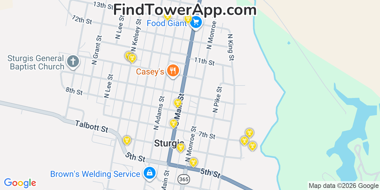 Map showing the 20 primary cell tower locations detected in Sturgis, Kentucky from AT&T, Verizon, and T-Mobile networks