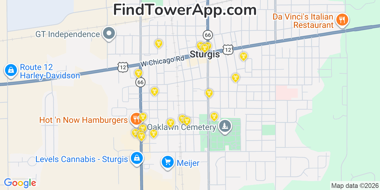 Map showing the 20 primary cell tower locations detected in Sturgis, Michigan from AT&T, Verizon, and T-Mobile networks
