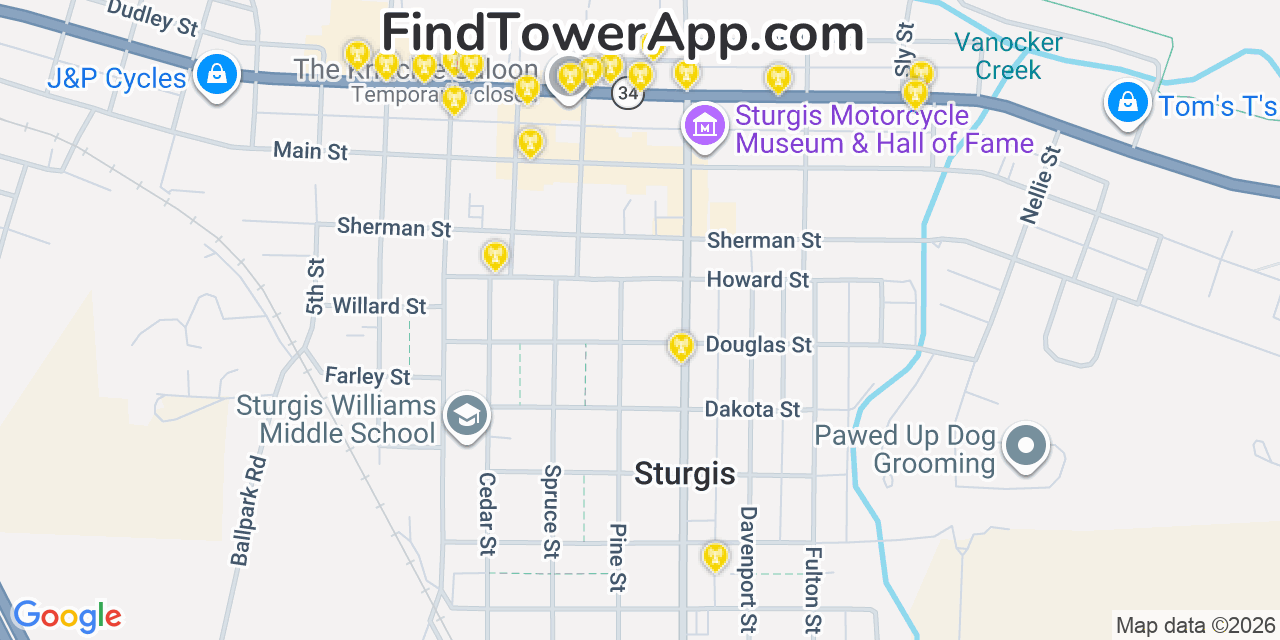 Map showing the 20 primary cell tower locations detected in Sturgis, South Dakota from AT&T, Verizon, and T-Mobile networks