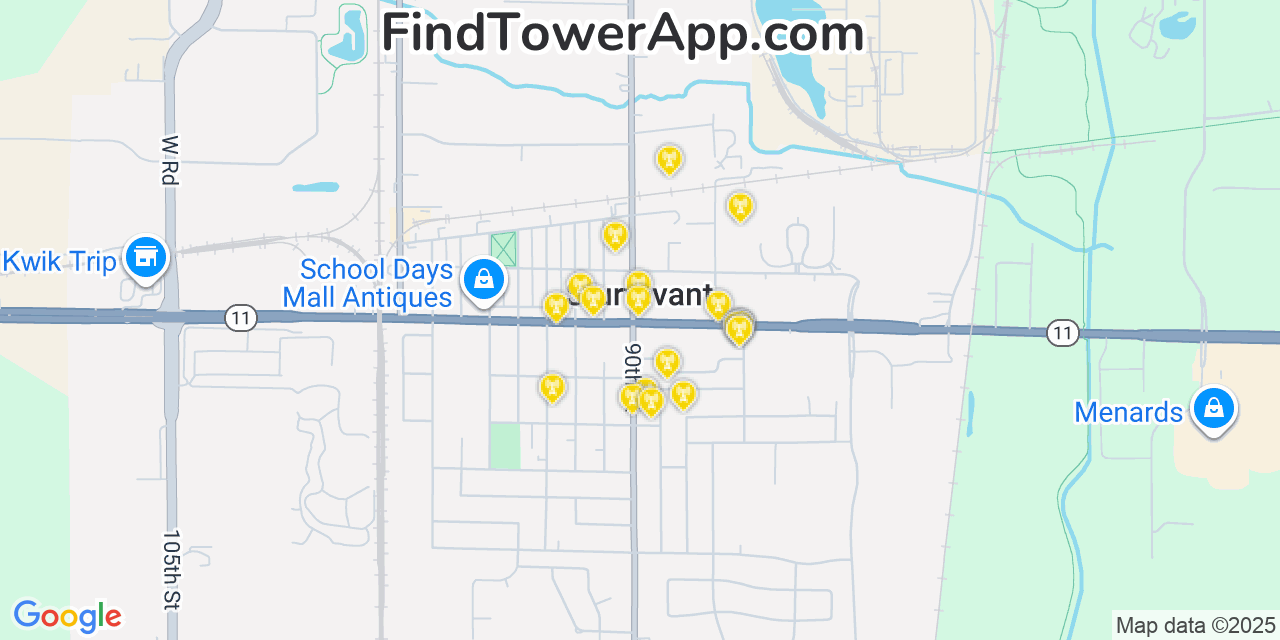Map showing the 20 primary cell tower locations detected in Sturtevant, Wisconsin from AT&T, Verizon, and T-Mobile networks