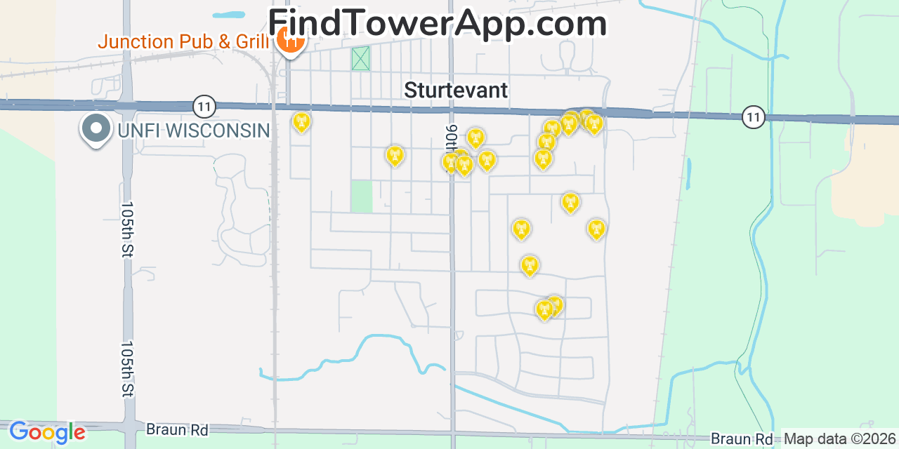 Map showing the 20 primary cell tower locations detected in Sturtevant, Wisconsin from AT&T, Verizon, and T-Mobile networks