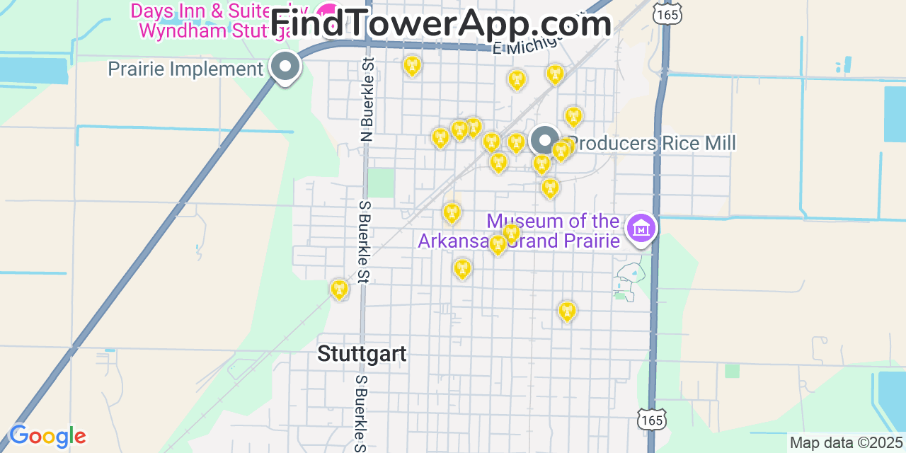 Map showing the 20 primary cell tower locations detected in Stuttgart, Arkansas from AT&T, Verizon, and T-Mobile networks
