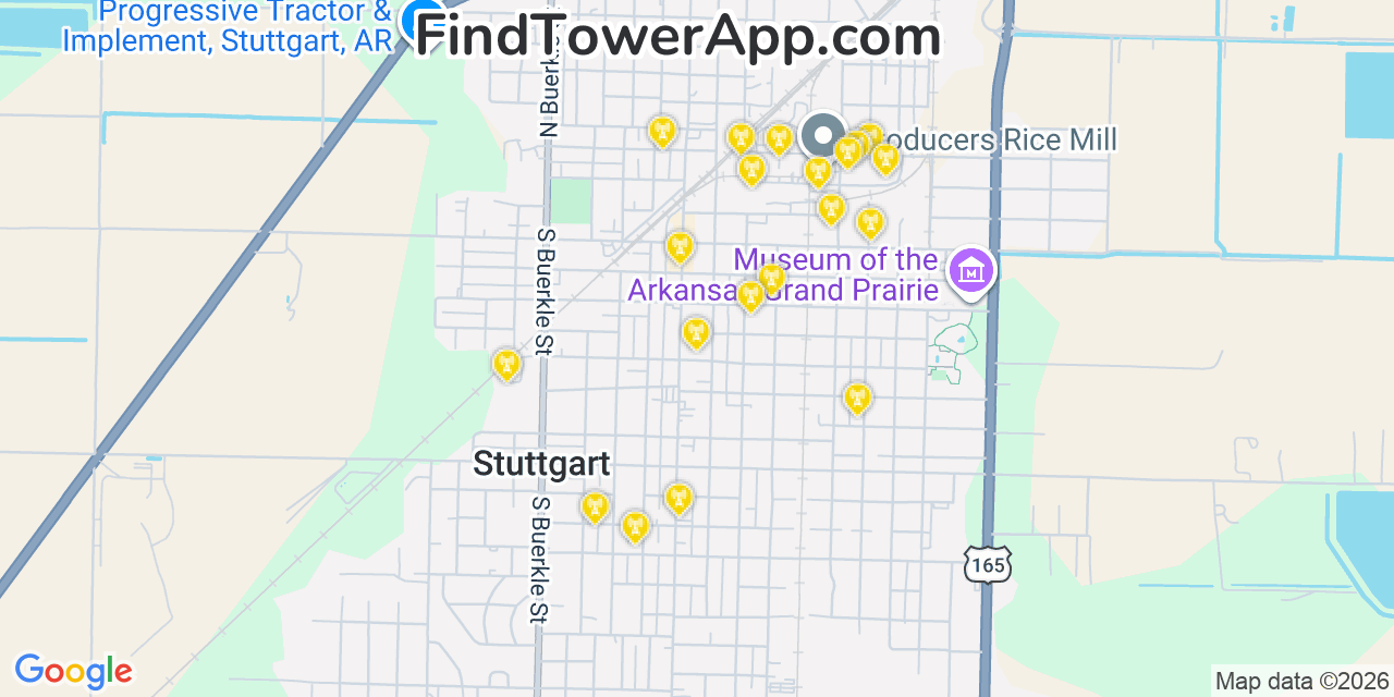 Map showing the 20 primary cell tower locations detected in Stuttgart, Arkansas from AT&T, Verizon, and T-Mobile networks